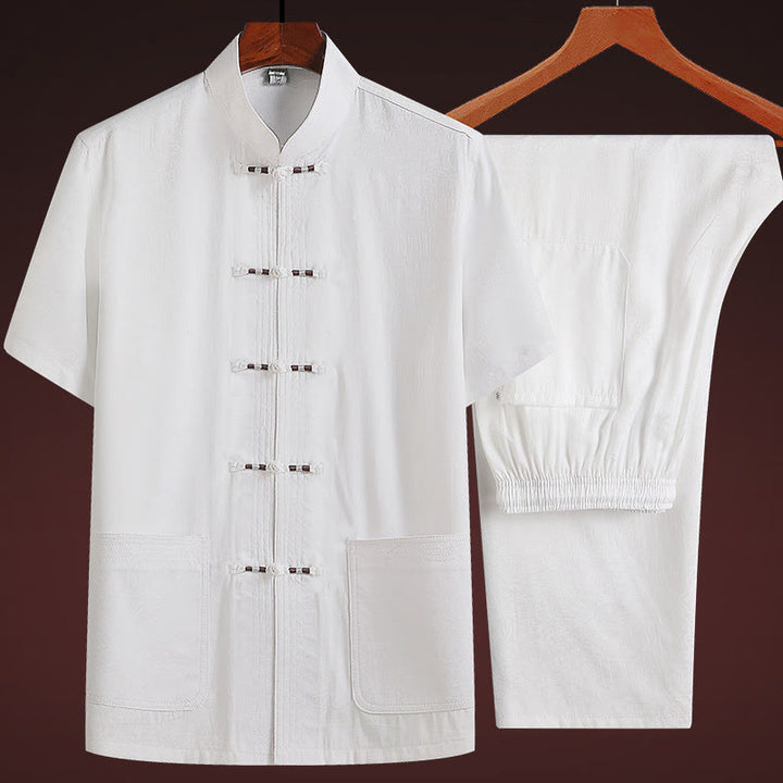 Buddha Stones a lo largo del río durante el patrón del Festival Qingming Traje Tang tradicional Camisa de manga corta Pantalones Ropa Conjunto para hombres