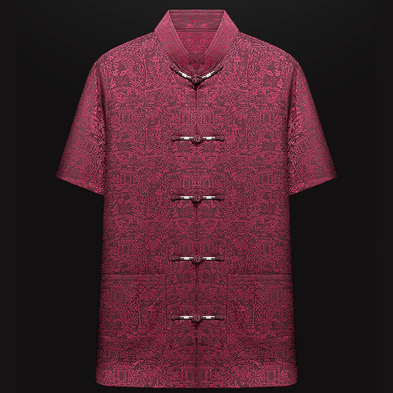 Buddha Stones a lo largo del río durante el patrón del Festival Qingming Traje Tang tradicional Camisa de manga corta Pantalones Ropa Conjunto para hombres