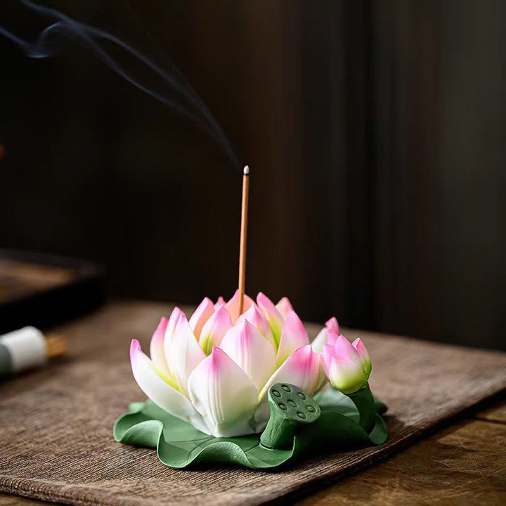 Buddha Stones, flor de loto, vaina de hoja, curación espiritual, palo de cerámica, decoración de quemador de incienso