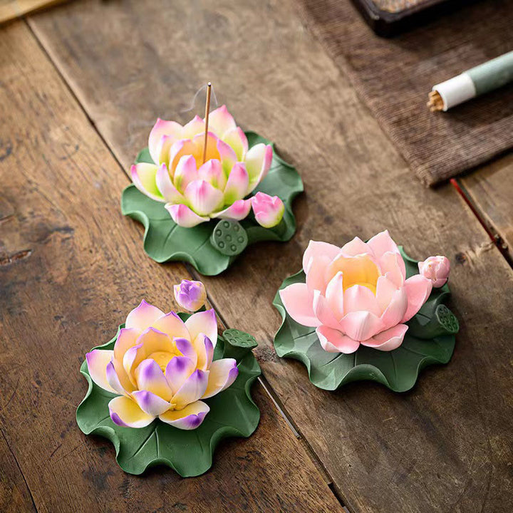 Buddha Stones, flor de loto, vaina de hoja, curación espiritual, palo de cerámica, decoración de quemador de incienso