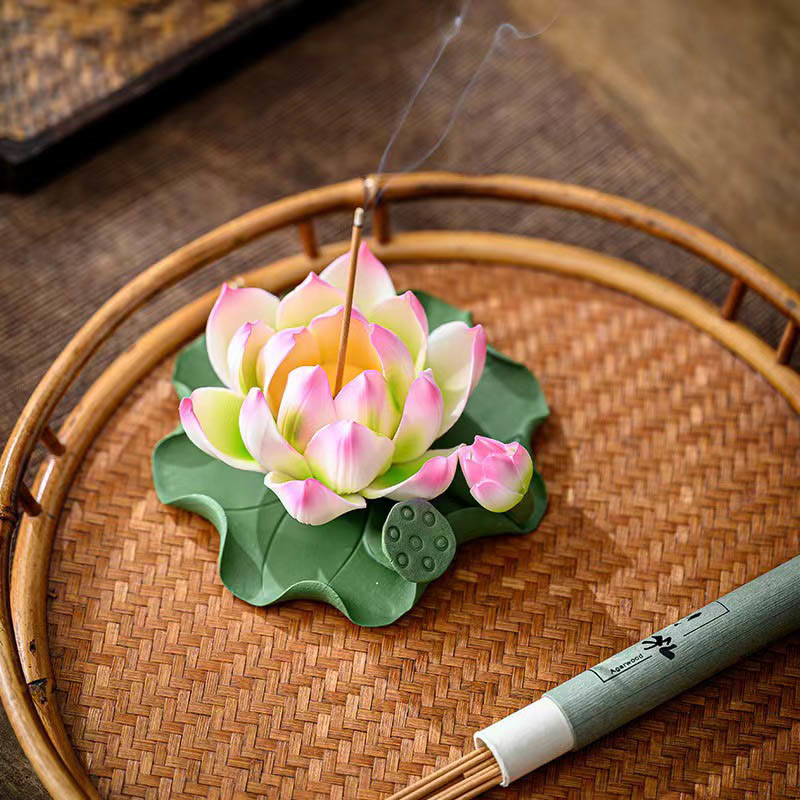 Buddha Stones, flor de loto, vaina de hoja, curación espiritual, palo de cerámica, decoración de quemador de incienso