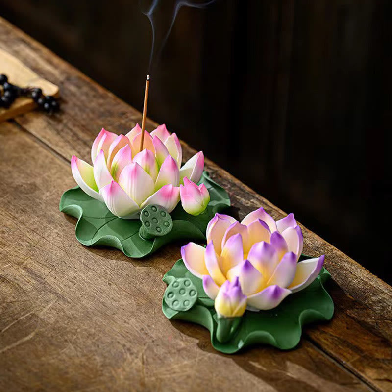 Buddha Stones, flor de loto, vaina de hoja, curación espiritual, palo de cerámica, decoración de quemador de incienso