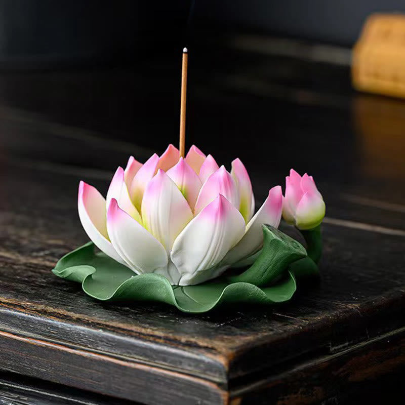 Buddha Stones, flor de loto, vaina de hoja, curación espiritual, palo de cerámica, decoración de quemador de incienso