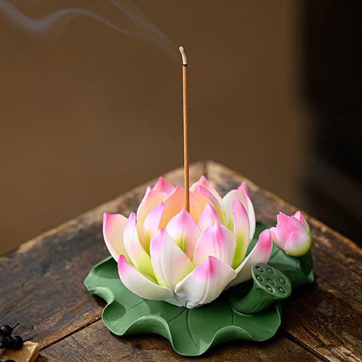 Buddha Stones, flor de loto, vaina de hoja, curación espiritual, palo de cerámica, decoración de quemador de incienso