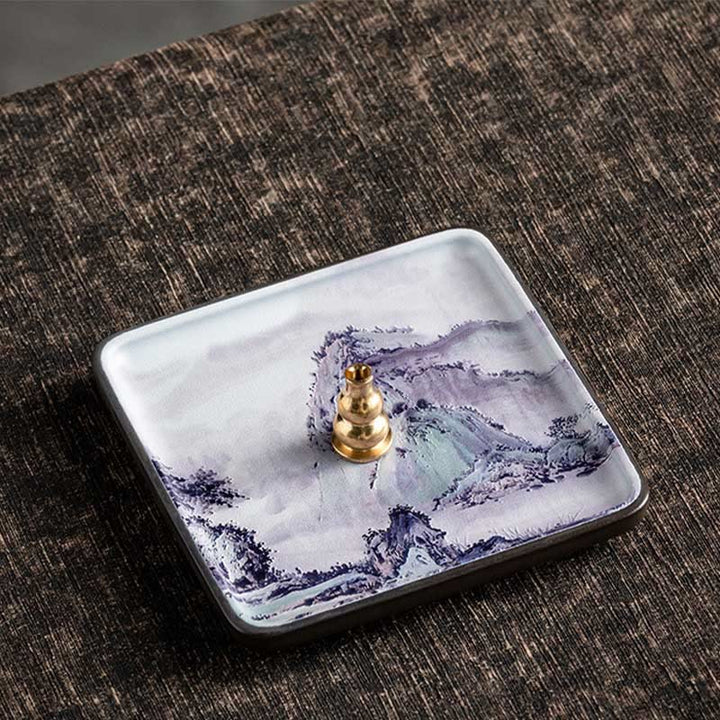 Buddha Stones, montaña, lago, flor, hoja, placa de cerámica curativa, bandeja, palo, decoración de quemador de incienso