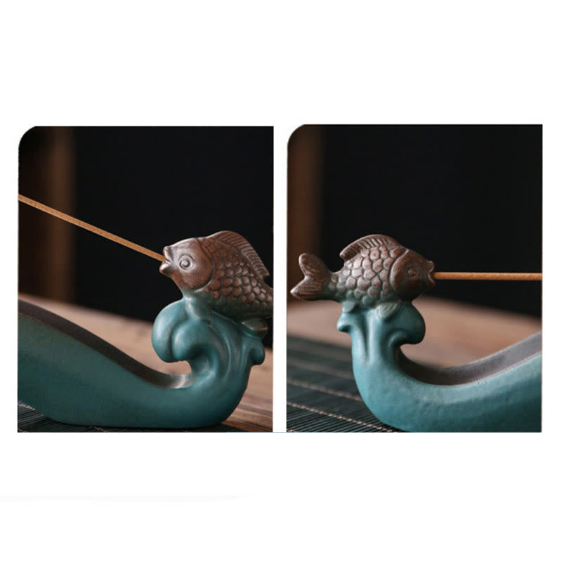 Quemador de incienso con palo de cerámica curativo de montaña, doble pez Koi, Buddha Stones , decoración