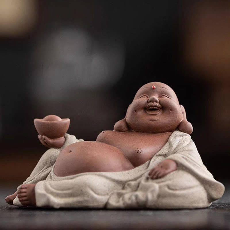 Buddha Stones, lingotes de Buda sonriente que atraen la riqueza, decoración de estatua de Maitreya de arcilla púrpura