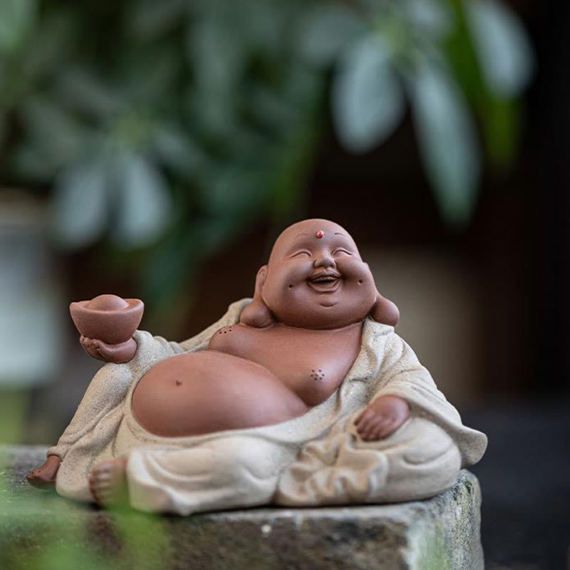 Buddha Stones, lingotes de Buda sonriente que atraen la riqueza, decoración de estatua de Maitreya de arcilla púrpura