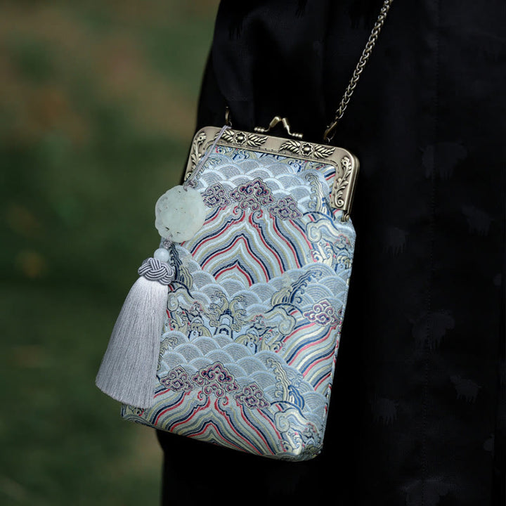 Bolso bandolera con cadena de metal con ondas del océano azul pequeño con Buddha Stones, bolso de hombro, bolso para teléfono móvil