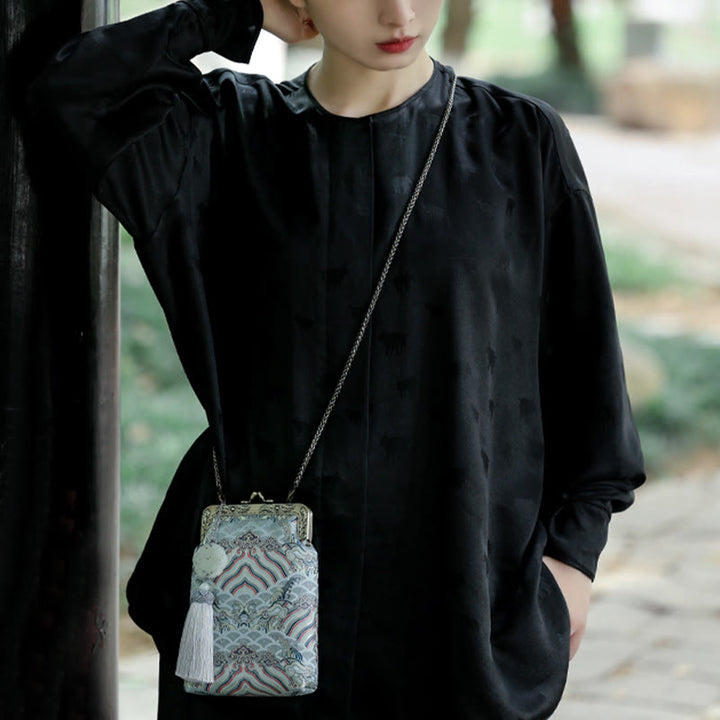 Bolso bandolera con cadena de metal con ondas del océano azul pequeño con Buddha Stones, bolso de hombro, bolso para teléfono móvil