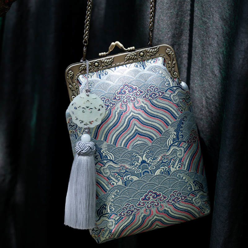 Bolso bandolera con cadena de metal con ondas del océano azul pequeño con Buddha Stones, bolso de hombro, bolso para teléfono móvil