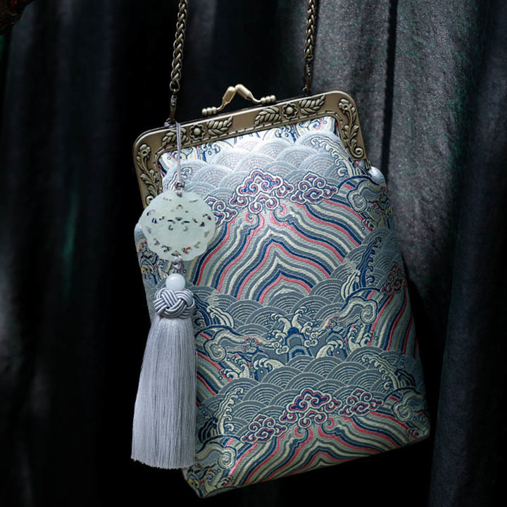 Bolso bandolera con cadena de metal con ondas del océano azul pequeño con Buddha Stones, bolso de hombro, bolso para teléfono móvil