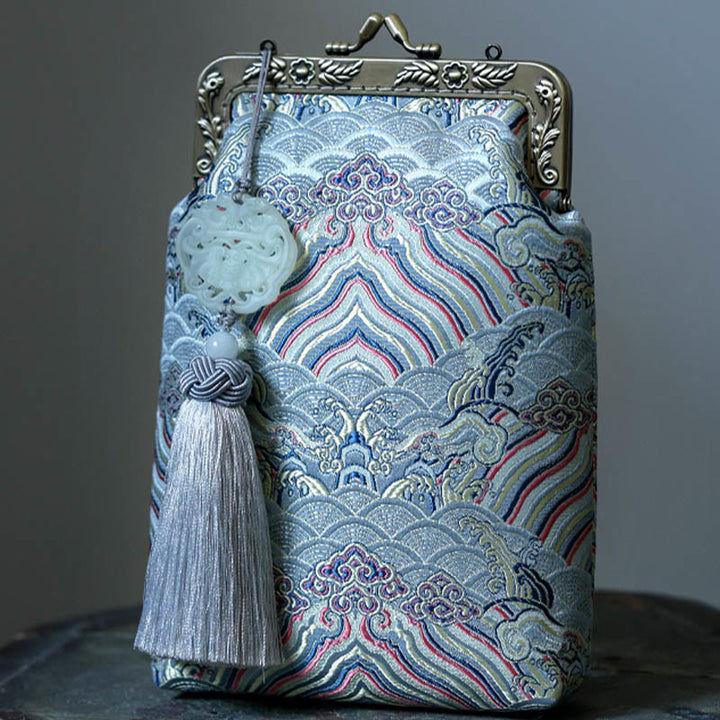 Bolso bandolera con cadena de metal con ondas del océano azul pequeño con Buddha Stones, bolso de hombro, bolso para teléfono móvil
