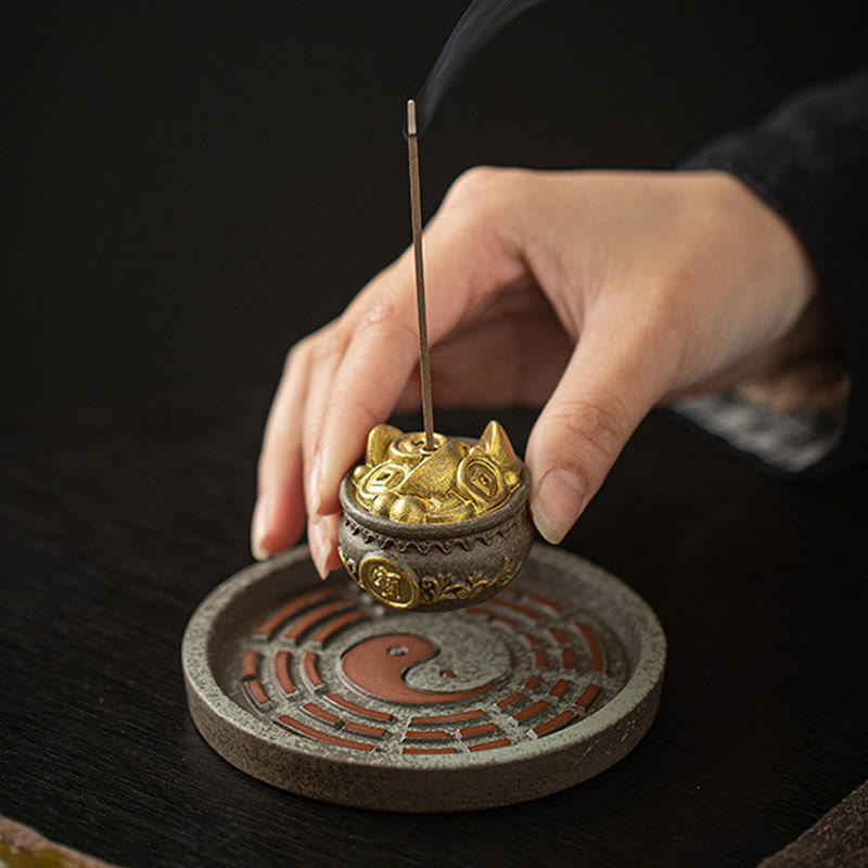 Cuenco pequeño del tesoro de Buddha Stones, bolsa de la suerte, bandeja de Bagua, palo de cerámica curativo, decoración de quemador de incienso