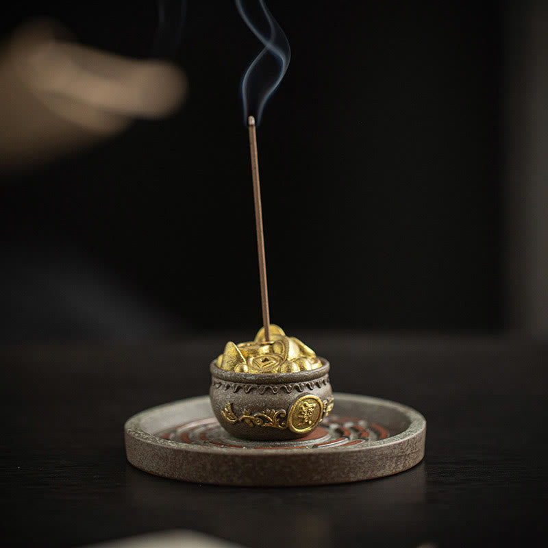 Cuenco pequeño del tesoro de Buddha Stones, bolsa de la suerte, bandeja de Bagua, palo de cerámica curativo, decoración de quemador de incienso