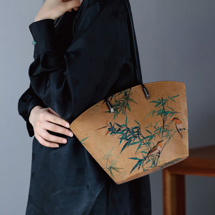 Buddha Stones Vintage Bamboo Magpie Peony Butterfly Bolso de hombro de gran capacidad