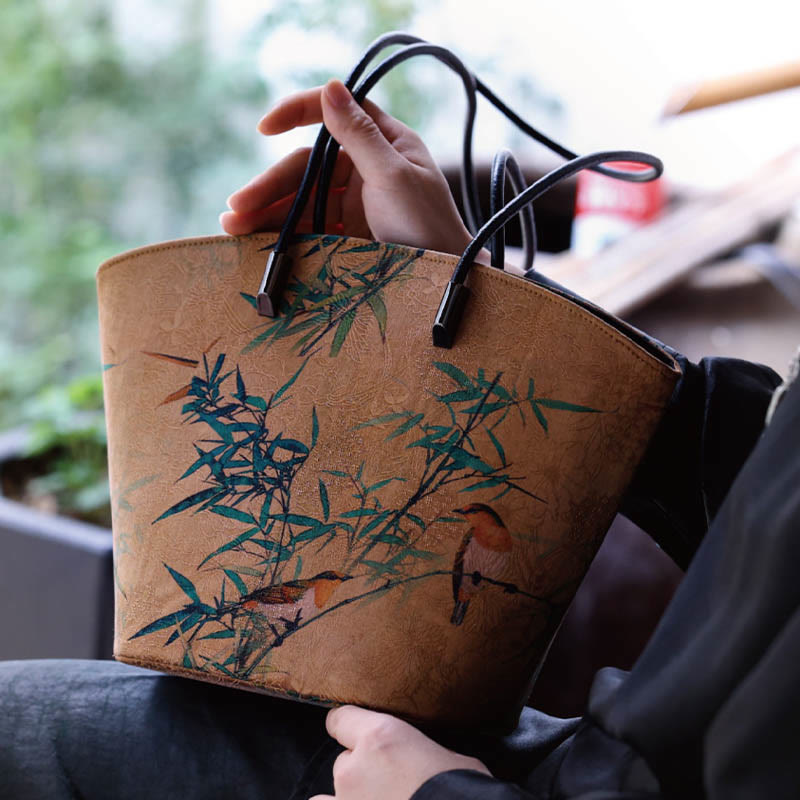 Buddha Stones Vintage Bamboo Magpie Peony Butterfly Bolso de hombro de gran capacidad