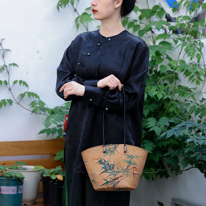 Buddha Stones Vintage Bamboo Magpie Peony Butterfly Bolso de hombro de gran capacidad