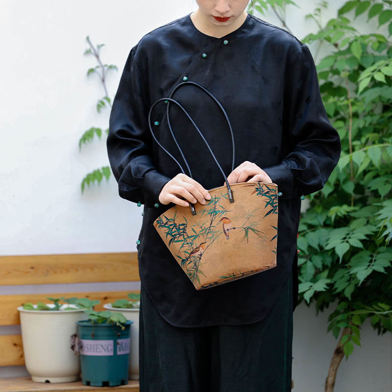 Buddha Stones Vintage Bamboo Magpie Peony Butterfly Bolso de hombro de gran capacidad