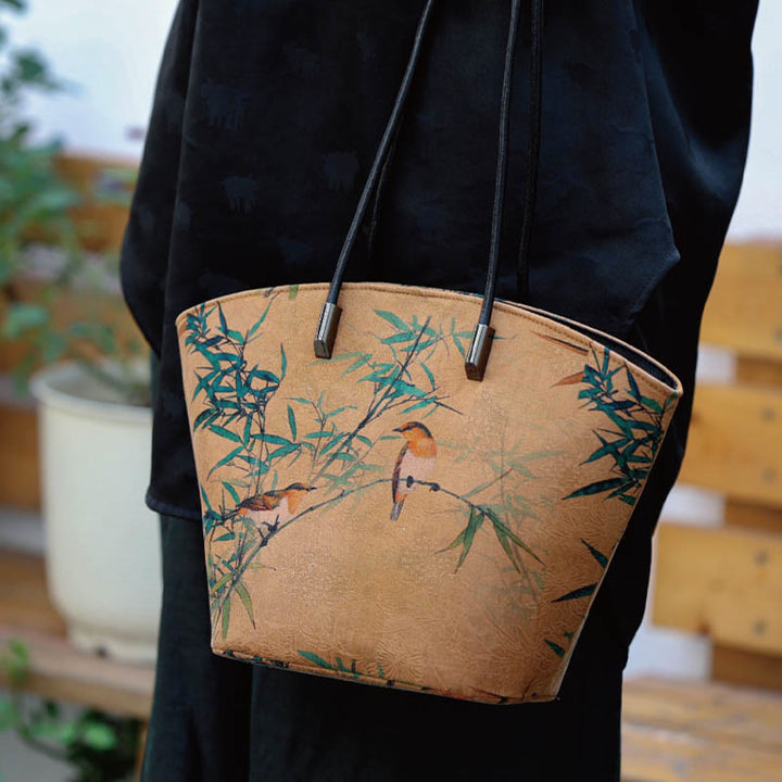 Buddha Stones Vintage Bamboo Magpie Peony Butterfly Bolso de hombro de gran capacidad