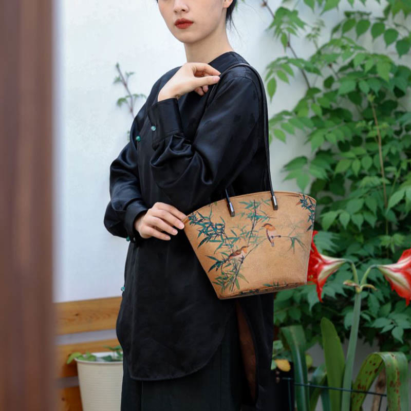 Buddha Stones Vintage Bamboo Magpie Peony Butterfly Bolso de hombro de gran capacidad