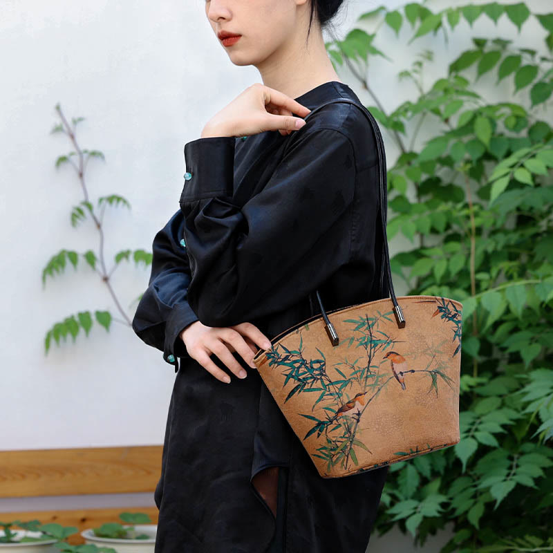Buddha Stones Vintage Bamboo Magpie Peony Butterfly Bolso de hombro de gran capacidad