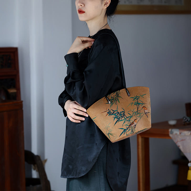 Buddha Stones Vintage Bamboo Magpie Peony Butterfly Bolso de hombro de gran capacidad