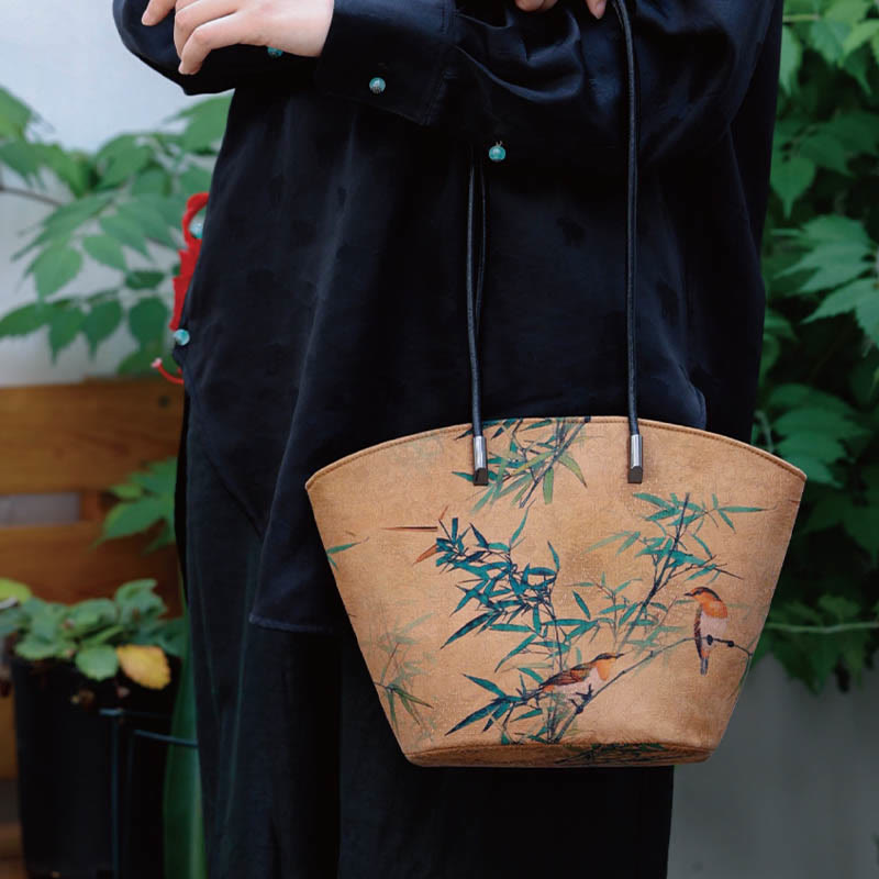 Buddha Stones Vintage Bamboo Magpie Peony Butterfly Bolso de hombro de gran capacidad