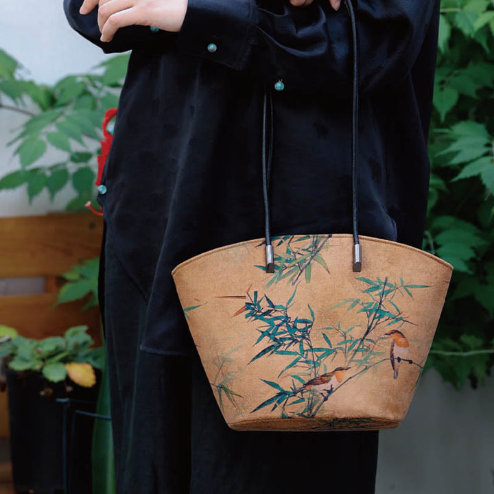 Buddha Stones Vintage Bamboo Magpie Peony Butterfly Bolso de hombro de gran capacidad