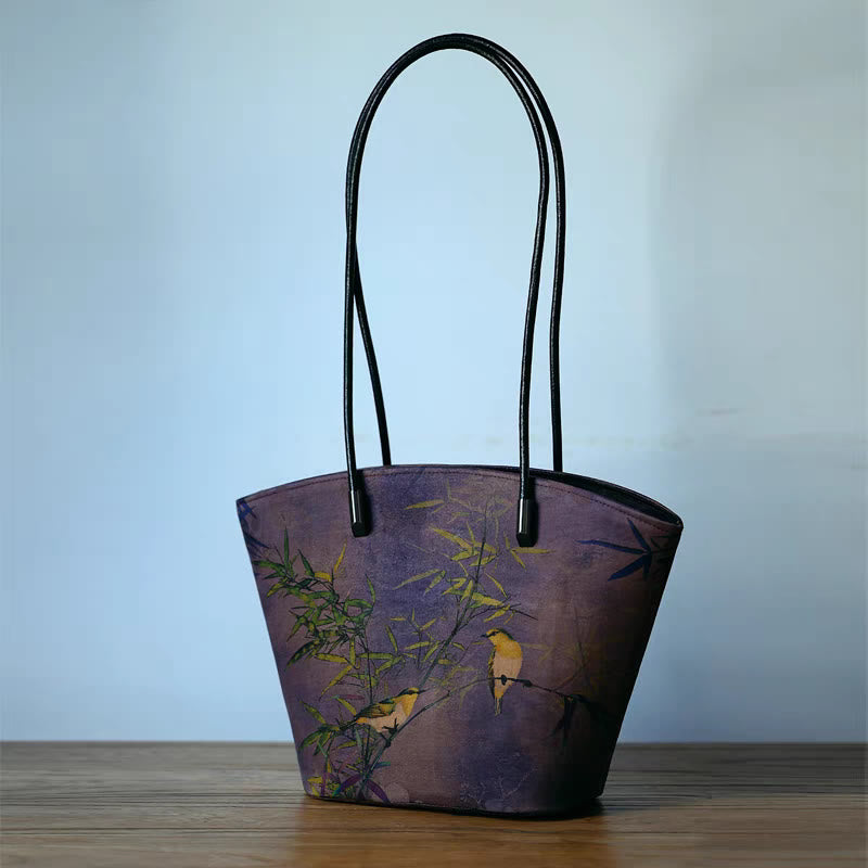 Buddha Stones Vintage Bamboo Magpie Peony Butterfly Bolso de hombro de gran capacidad