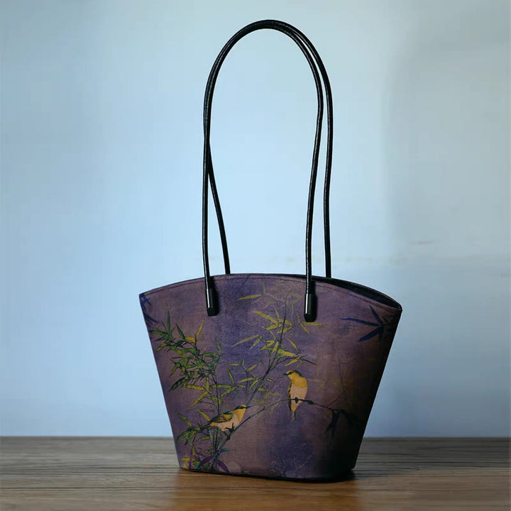 Buddha Stones Vintage Bamboo Magpie Peony Butterfly Bolso de hombro de gran capacidad