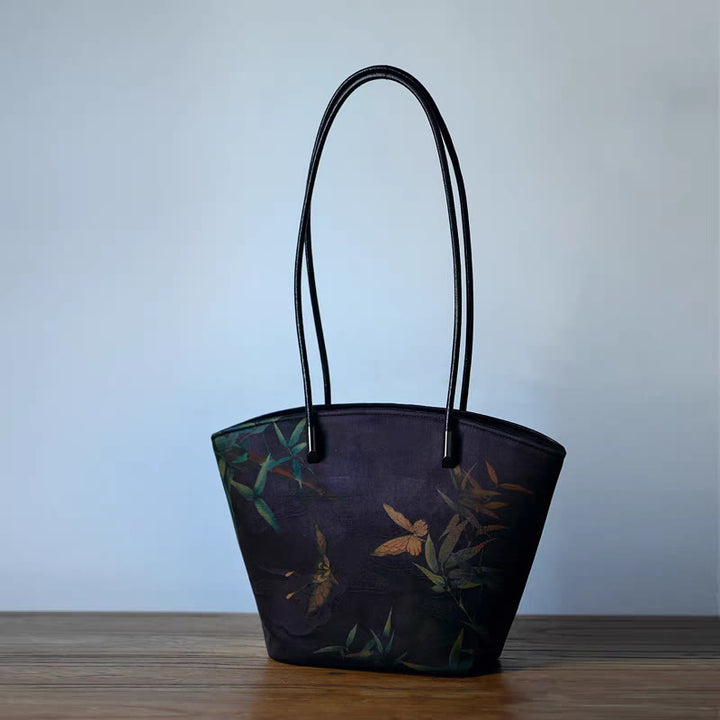 Buddha Stones Vintage Bamboo Magpie Peony Butterfly Bolso de hombro de gran capacidad