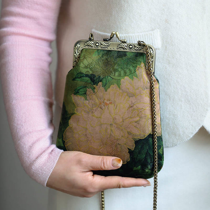 Bolso bandolera con cadena de metal y mariposa de peonía verde pequeña con Buddha Stones , bolso de hombro, bolso para teléfono móvil