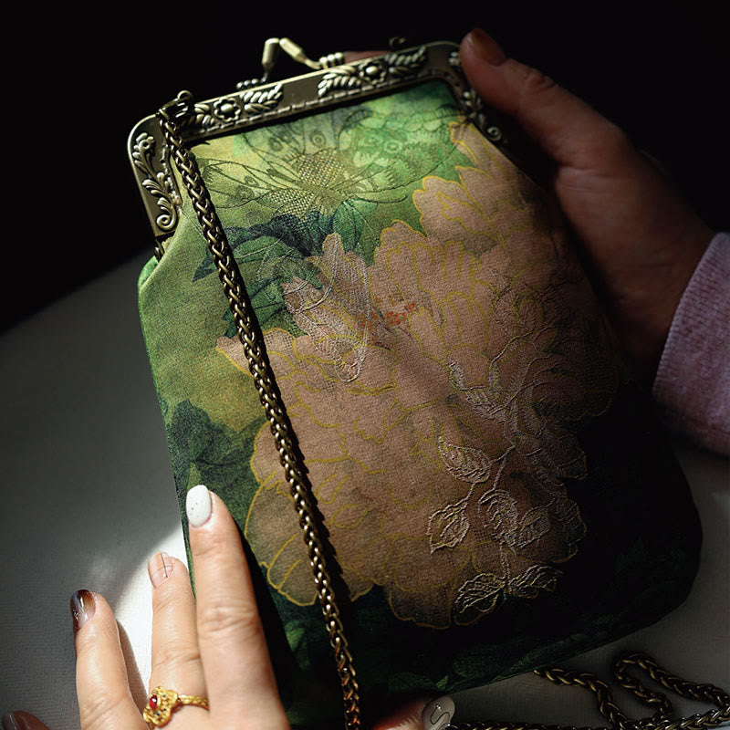 Bolso bandolera con cadena de metal y mariposa de peonía verde pequeña con Buddha Stones , bolso de hombro, bolso para teléfono móvil