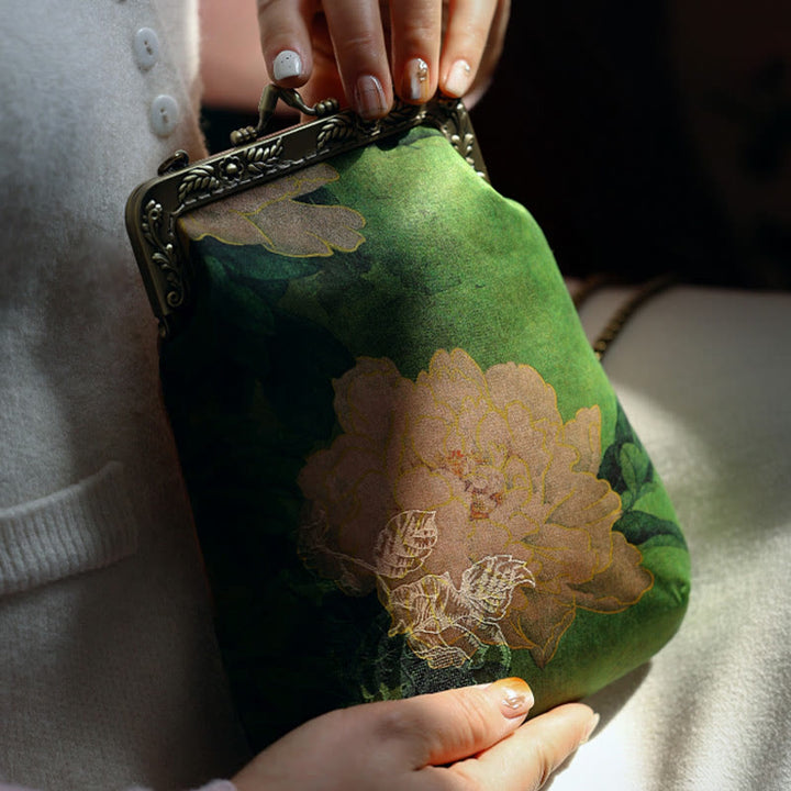 Bolso bandolera con cadena de metal y mariposa de peonía verde pequeña con Buddha Stones , bolso de hombro, bolso para teléfono móvil