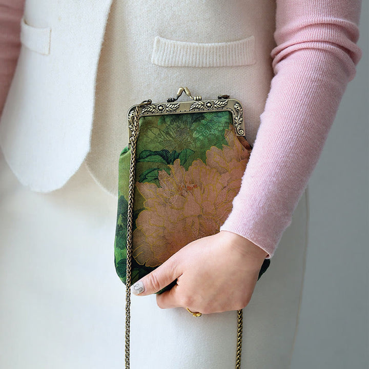 Bolso bandolera con cadena de metal y mariposa de peonía verde pequeña con Buddha Stones , bolso de hombro, bolso para teléfono móvil