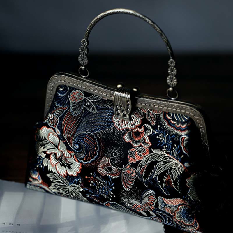 Bolso de mano con asa de metal y flores de mariposa y Buddha Stones