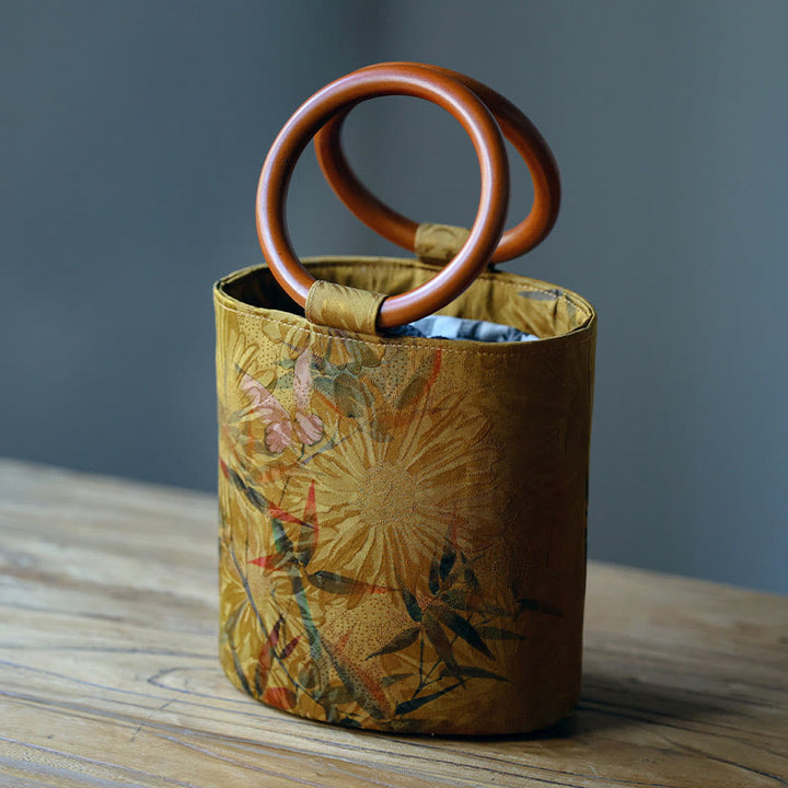 Bolso de mano con mango de madera de caqui , Buddha Stones , hoja de bambú, mariposa, flor de cerezo