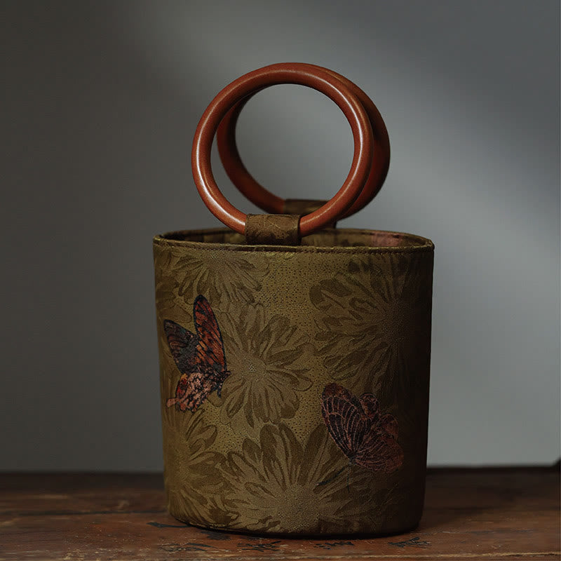 Bolso de mano con mango de madera de caqui , Buddha Stones , hoja de bambú, mariposa, flor de cerezo