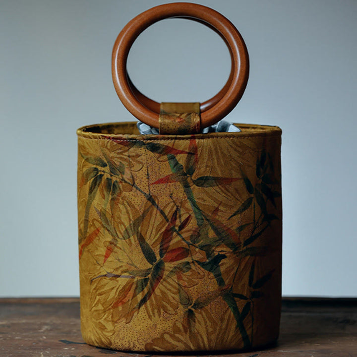 Bolso de mano con mango de madera de caqui , Buddha Stones , hoja de bambú, mariposa, flor de cerezo
