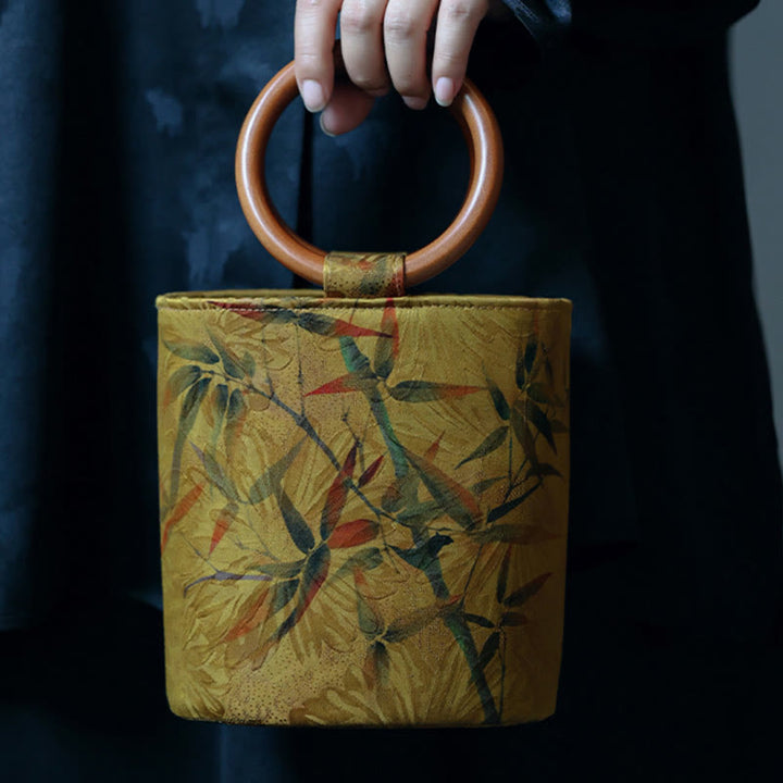 Bolso de mano con mango de madera de caqui , Buddha Stones , hoja de bambú, mariposa, flor de cerezo