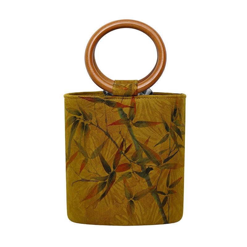 Bolso de mano con mango de madera de caqui , Buddha Stones , hoja de bambú, mariposa, flor de cerezo