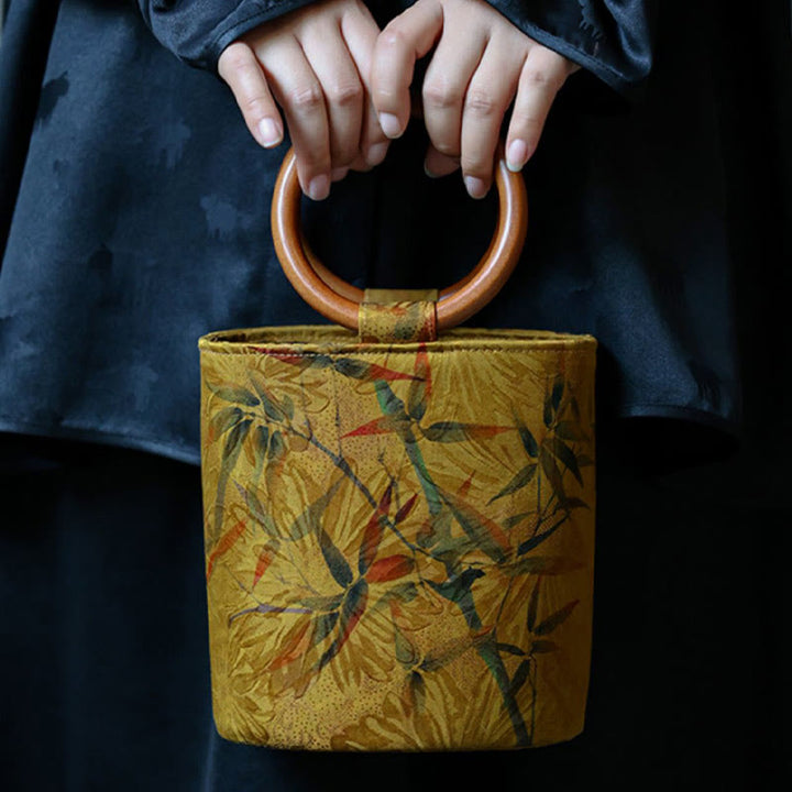 Bolso de mano con mango de madera de caqui , Buddha Stones , hoja de bambú, mariposa, flor de cerezo