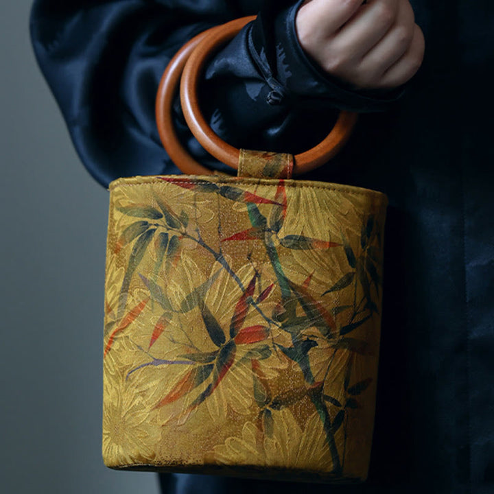 Bolso de mano con mango de madera de caqui , Buddha Stones , hoja de bambú, mariposa, flor de cerezo