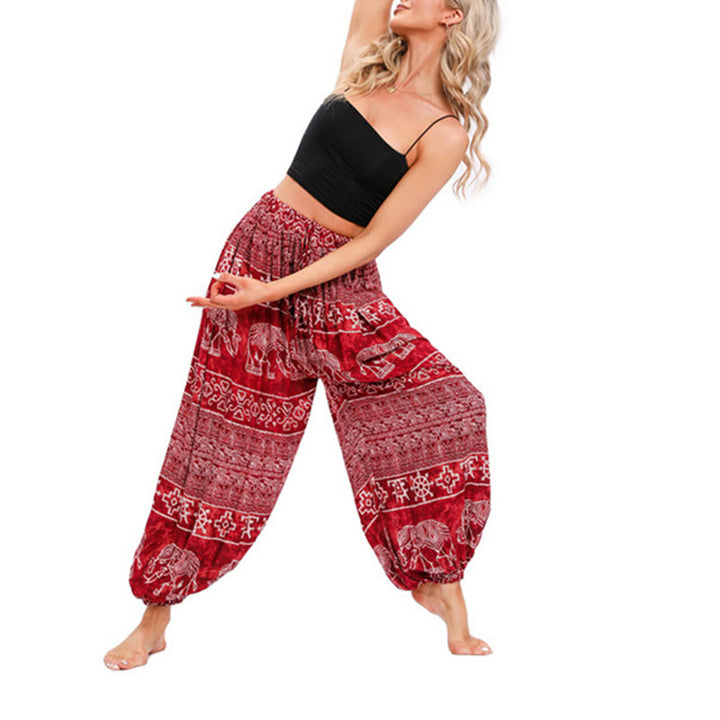 Pantalones de yoga holgados informales con estampado geométrico de elefante y Buddha Stones para mujer. - Rojo - US4-8/10, UK/AU8-12/14, EU36-40/42 (F) - image 2