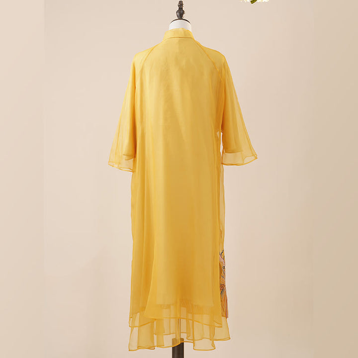 Vestido de organza de seda de morera 100% con Buddha Stones , vestido Cheongsam Qipao de Fénix amarillo bordado