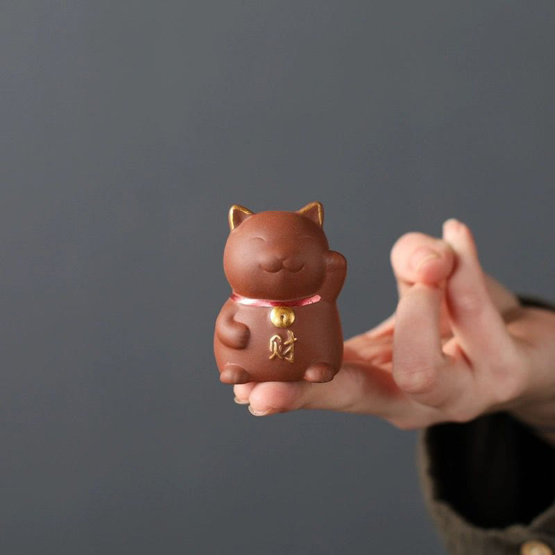 Buddha Stones Mini gato de la suerte riqueza té mascota arcilla púrpura figura decorativa - image 2
