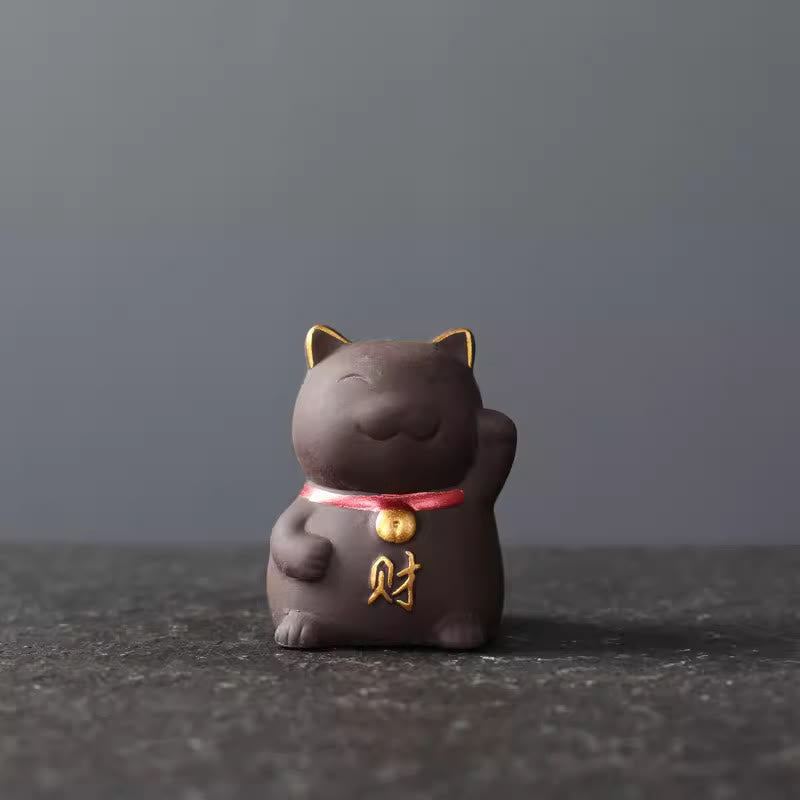 Buddha Stones Mini gato de la suerte riqueza té mascota arcilla púrpura figura decorativa - Negro 4*3,8*5,5 cm - image 4
