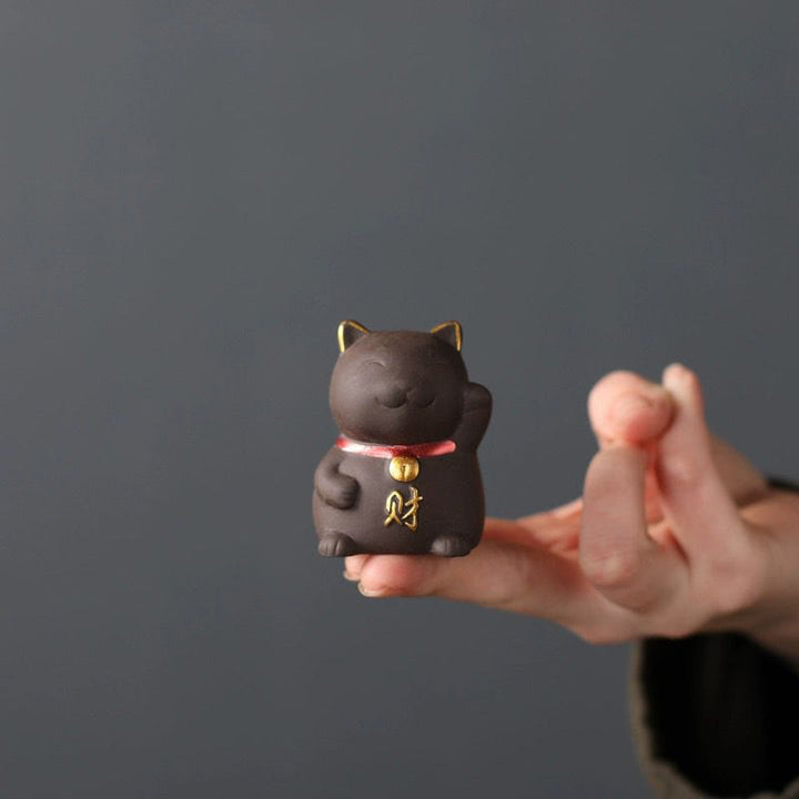 Buddha Stones Mini gato de la suerte riqueza té mascota arcilla púrpura figura decorativa - image 5