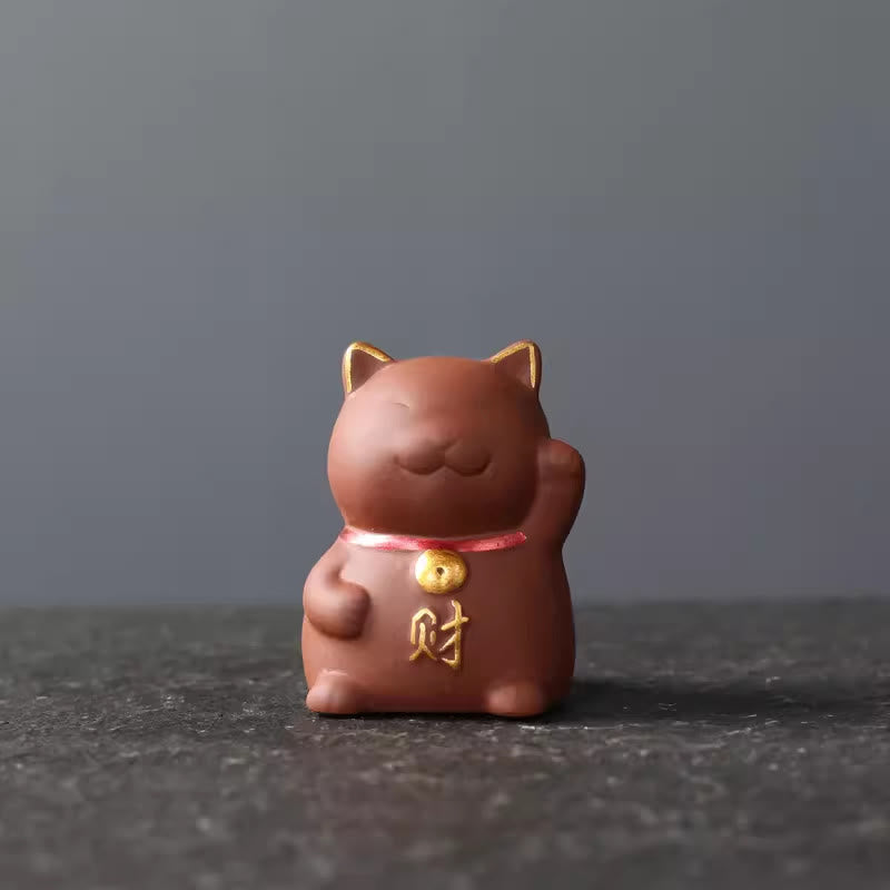 Buddha Stones Mini gato de la suerte riqueza té mascota arcilla púrpura figura decorativa - Rojo 4*3,8*5,5 cm - image 0